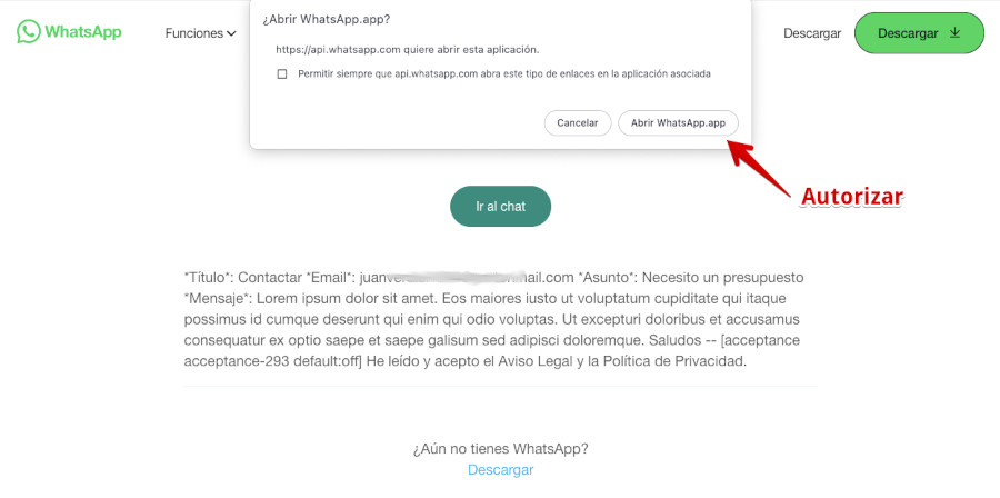 Pestaña WhatsApp para autorizar envio