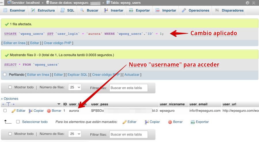 Cambio de username realizado