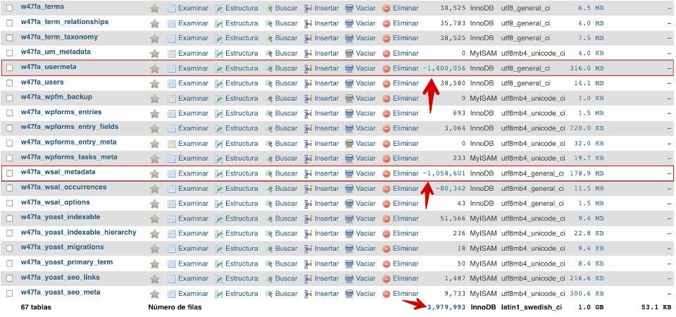 Tablas de la base de datos con muchos registros