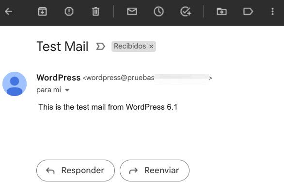 Prueba de correo recibido procedente de WordPress