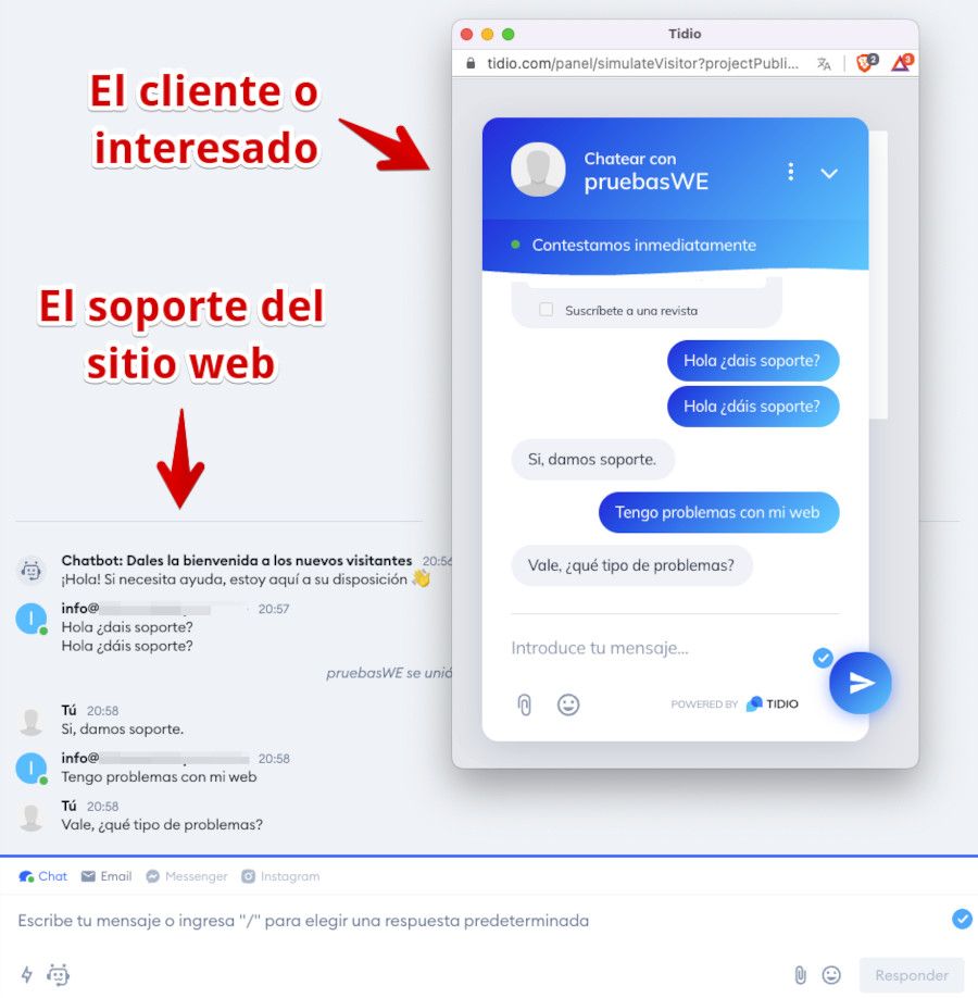 Ejemplo de chat conversacional entre Soporte (humano) e interesado (humano)