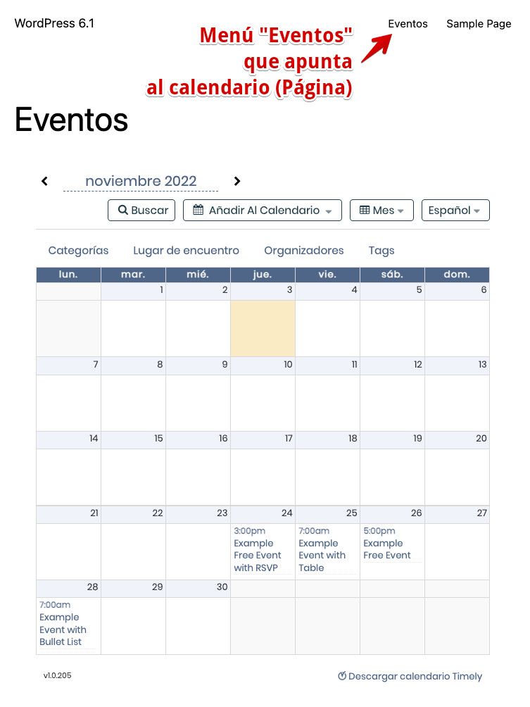 Calendario incrustado de Timely en una página de WordPress