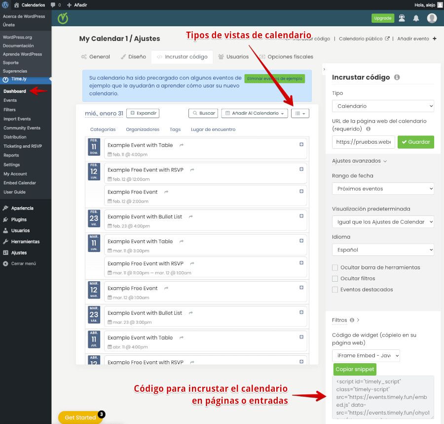 Incrustar calendario de Timely en una página de WordPress