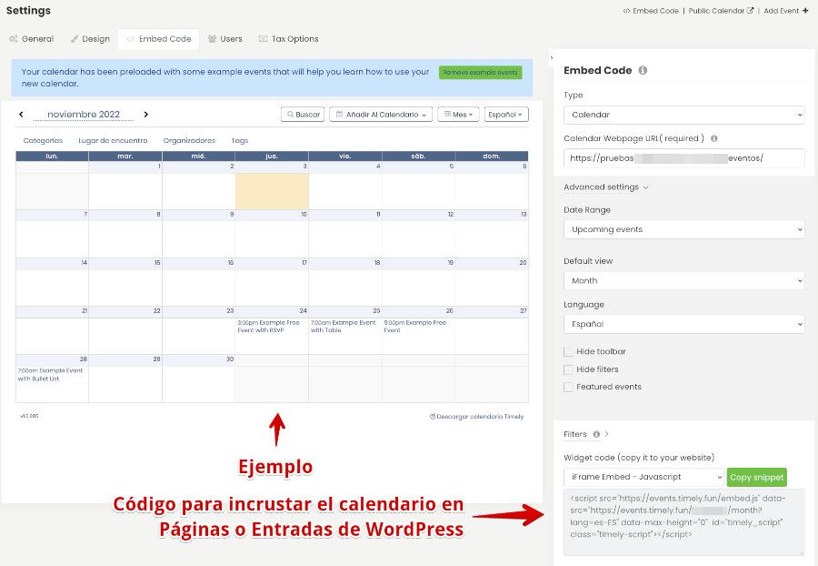 Incrustar calendario de Timely en una página de WordPress