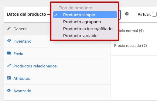 Selector del tipo de producto