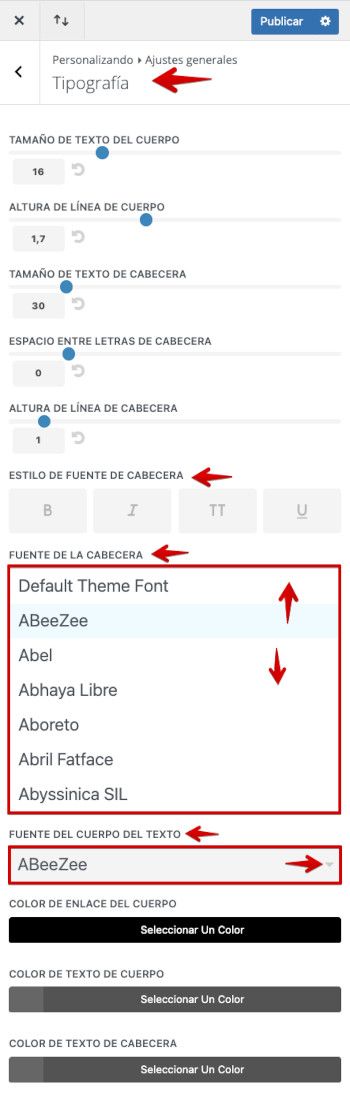 Google Fonts - Ajustes - Personalizar las fuentes