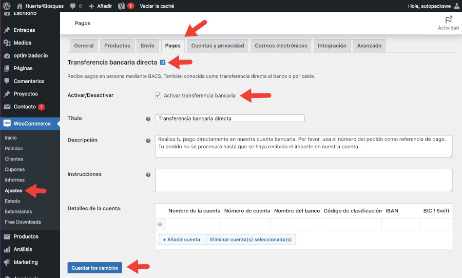 Transferencia bancaria en WooCommerce