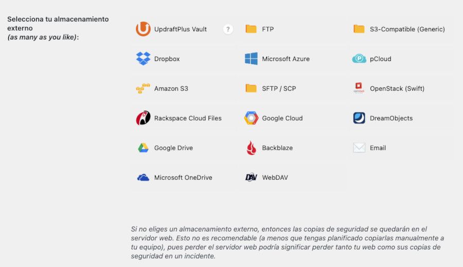 UpdraftPlus - Almacenamiento externo de backups