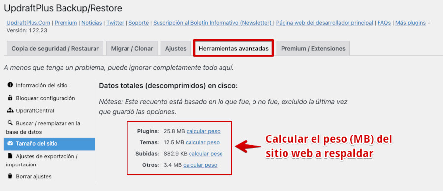 Calcular el tamaño del sitio desde Herramientas avanzadas