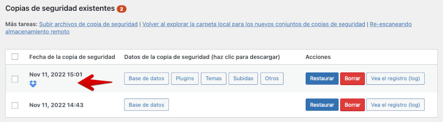 Copias de seguridad existentes en Dropbox