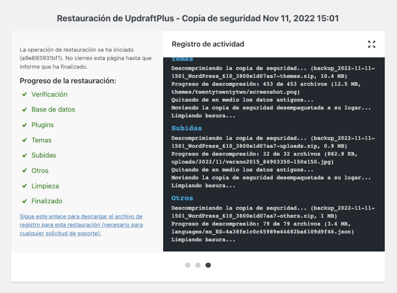 Registro de la copia de seguridad a restaurar