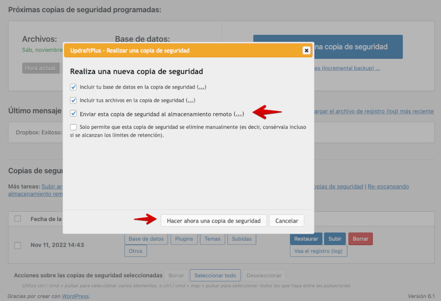 Enviar copia de seguridad de UpDraftPlus a Dropbox