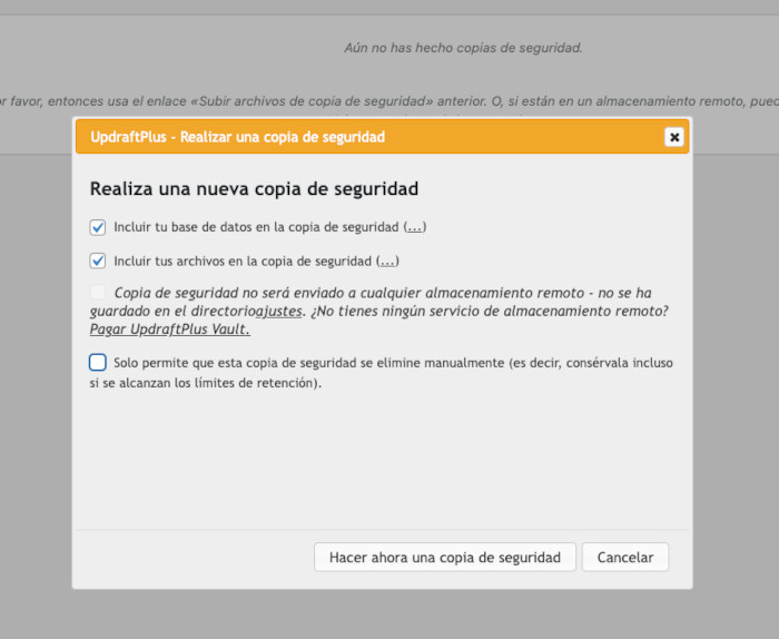 Opciones de exclusión en UpDraftPlus antes de realizar un backup