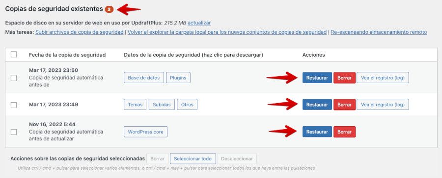 UpdraftPlus - Restaurar copias existentes