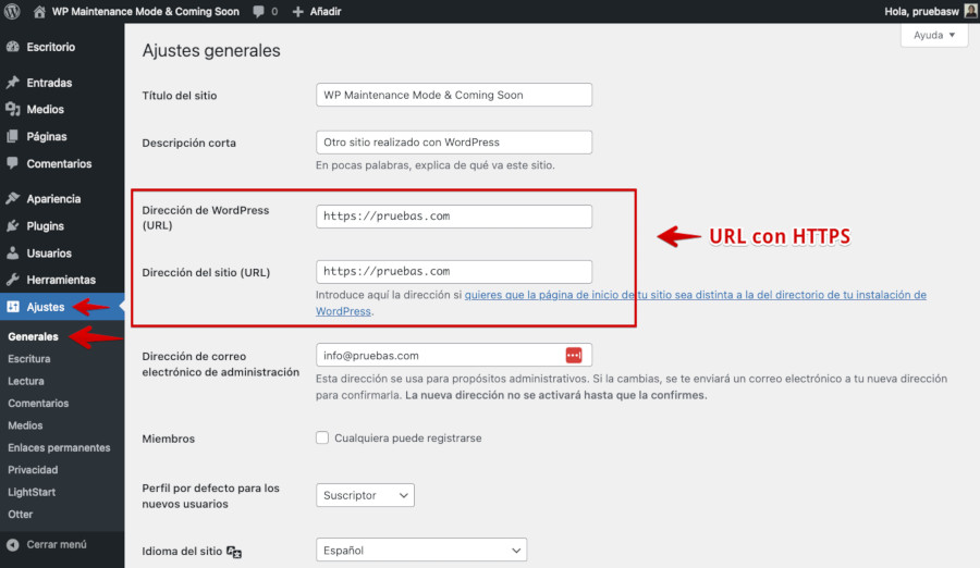 URL con HTTPS en Ajustes Generales de WordPress