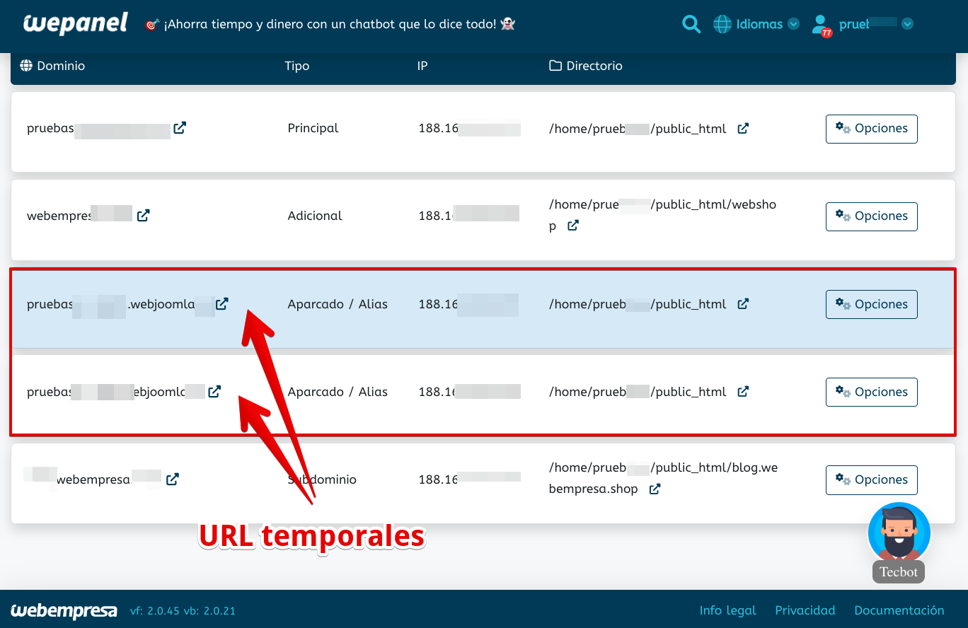 URL temporal en un Hosting con WePanel de Webempresa