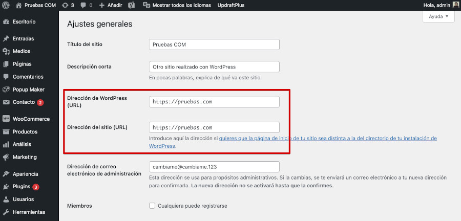 Configurar URLs iguales en los ajustes generales de WordPress