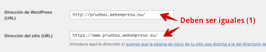 URLs en Ajustes Generales iguales