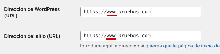 URL Ajustes Generales con Alias WWW