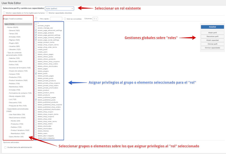 Asignar capacidades a perfiles de usuarios de WordPress