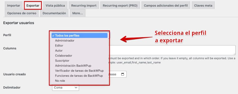 Seleccionar los perfiles a exportar