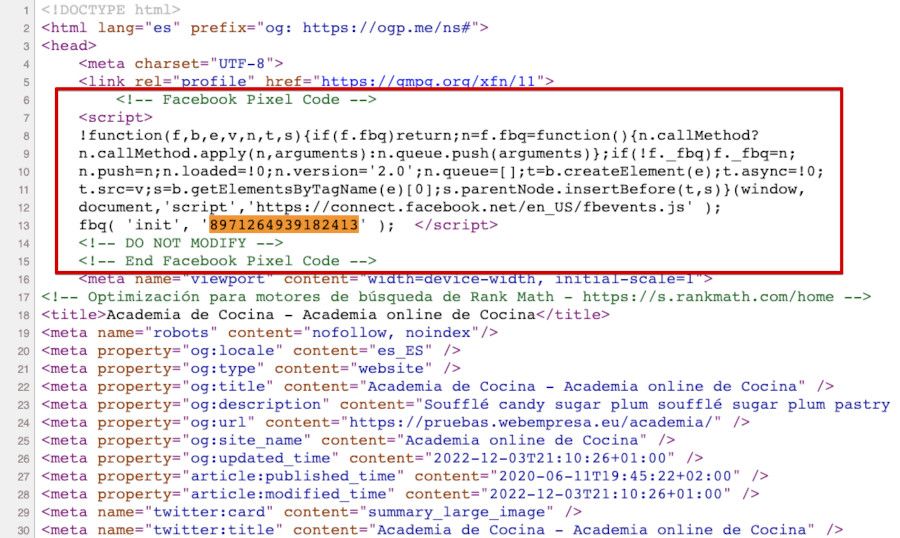 Localizar pixel Facebook en el código fuente