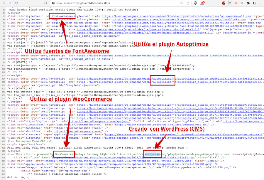 Opciones de ver codigo fuente permite detectar el CMS y plugins