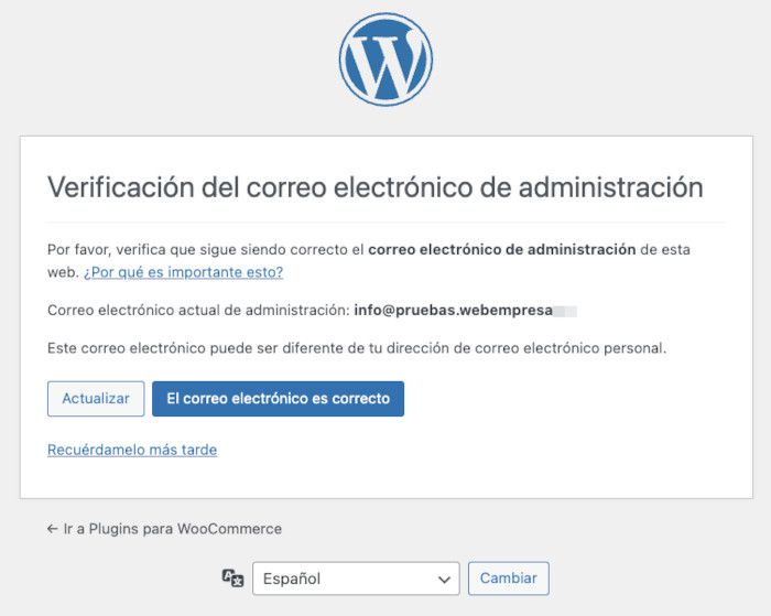 Verificación del correo electrónico de administración