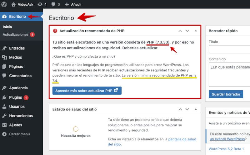 Versión de PHP en el dashboard de WordPress en el Escritorio