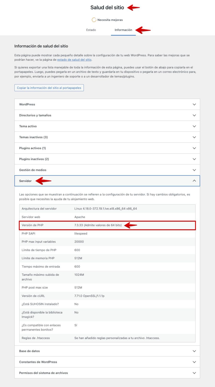 Versión de PHP en WordPress desde Salud del sitio