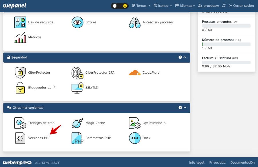 Versiones de PHP desde WePanel de Webempresa