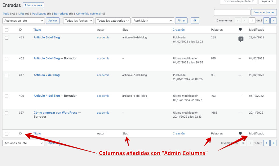 Vista de lista de entradas del blog en el dashboard de WordPress usando Admin Columns