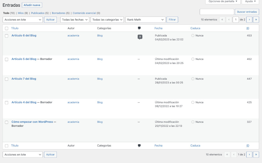 Vista de lista de entradas del blog en el dashboard de WordPress