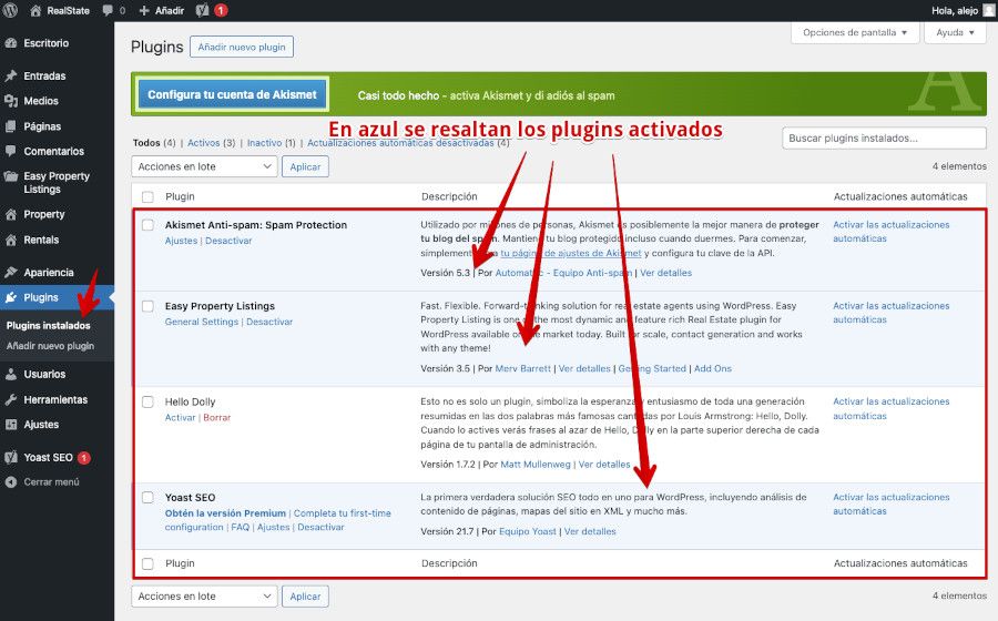 Vista de plugins en el dashboard de WordPress