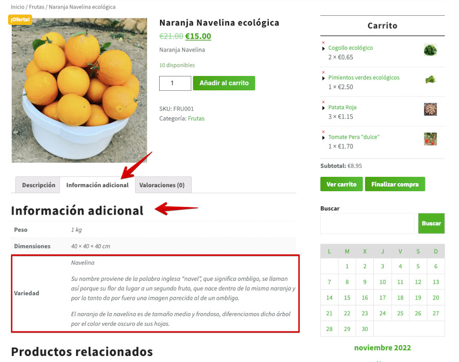 Información de atributos en el frontal del Producto