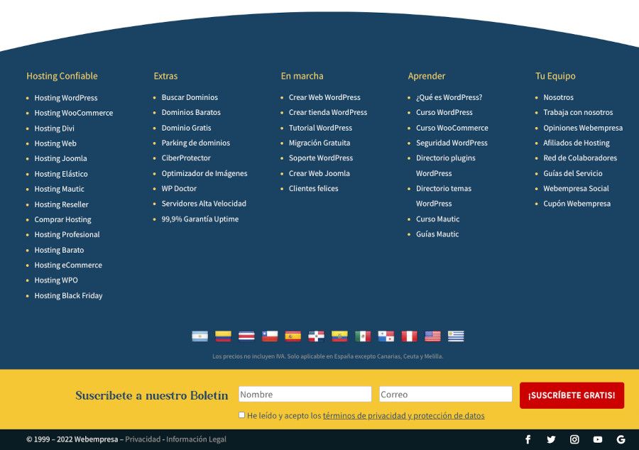 Ejemplo del pie de página (footer) de Webempresa en 2022