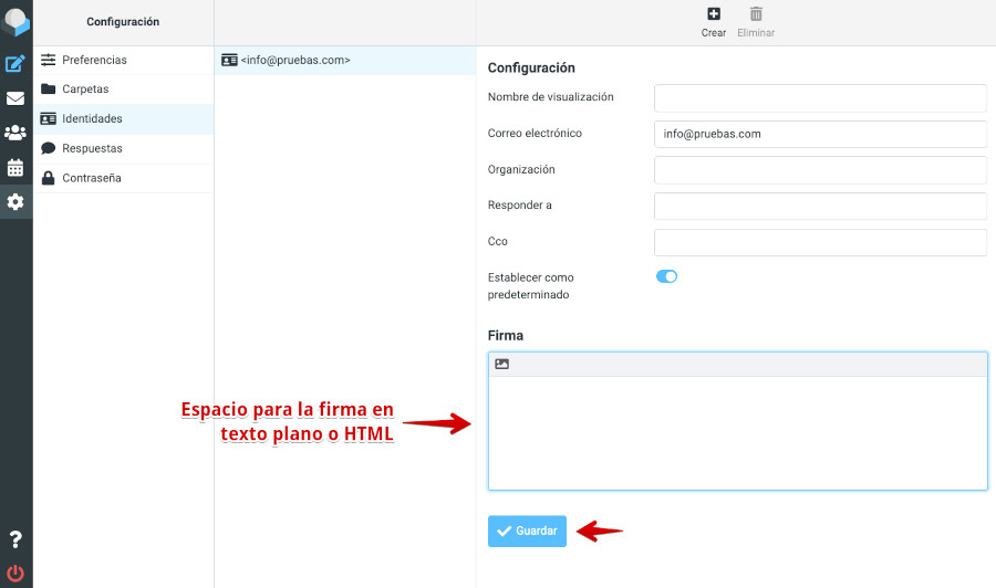 Webmail - Roundcube - Configuración - Identidades - Formulario firma