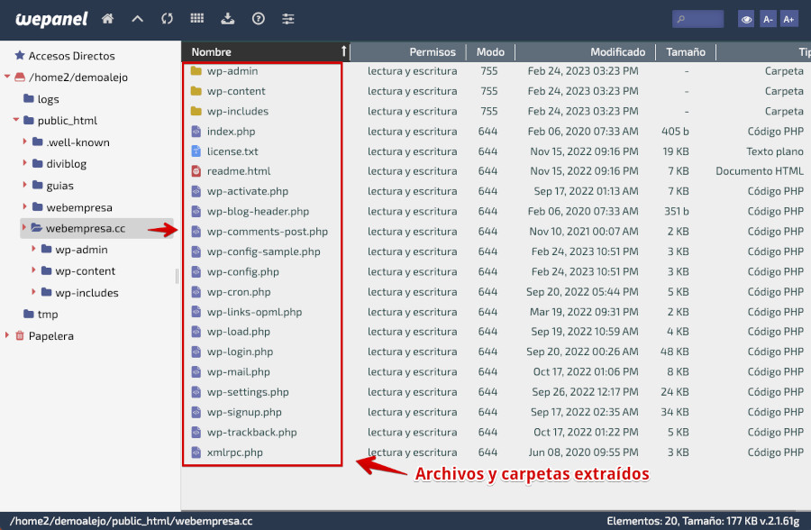 Administrador de archivos de WePanel - Archivos y carpetas extraidos