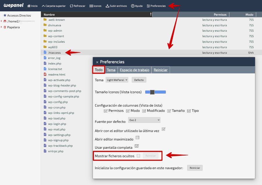 Preferencias de archivos ocultos en WePanel