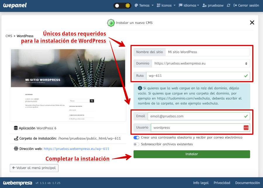 Datos de la instalación de WordPress desde Aplicaciones Webempresa en WePanel