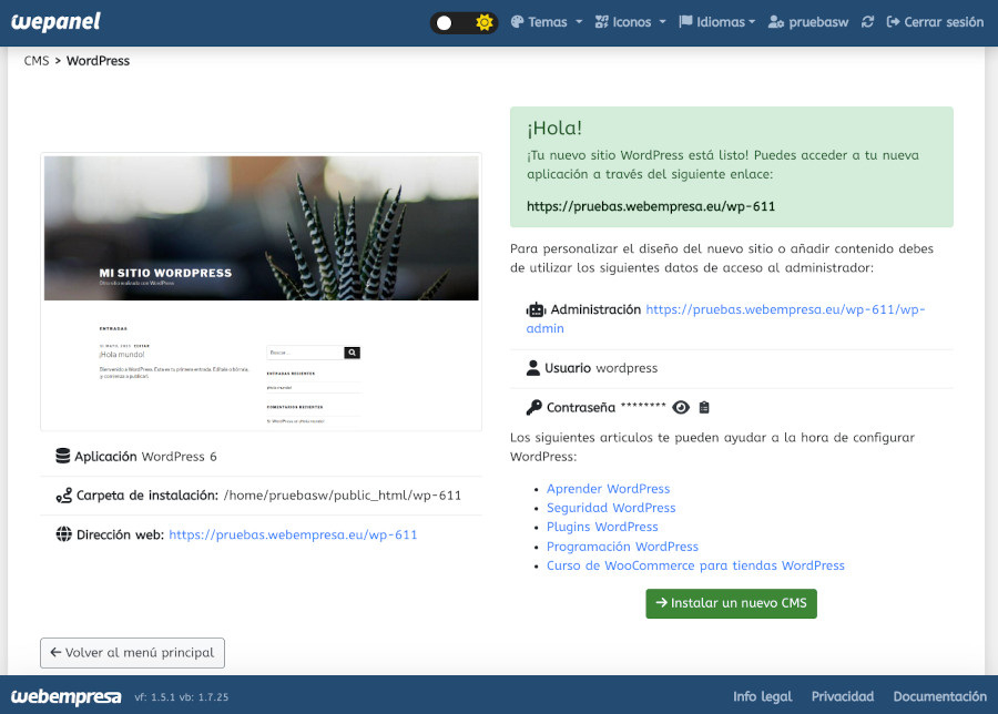 Resumen de la instalación de WordPress desde Aplicaciones Webempresa en WePanel