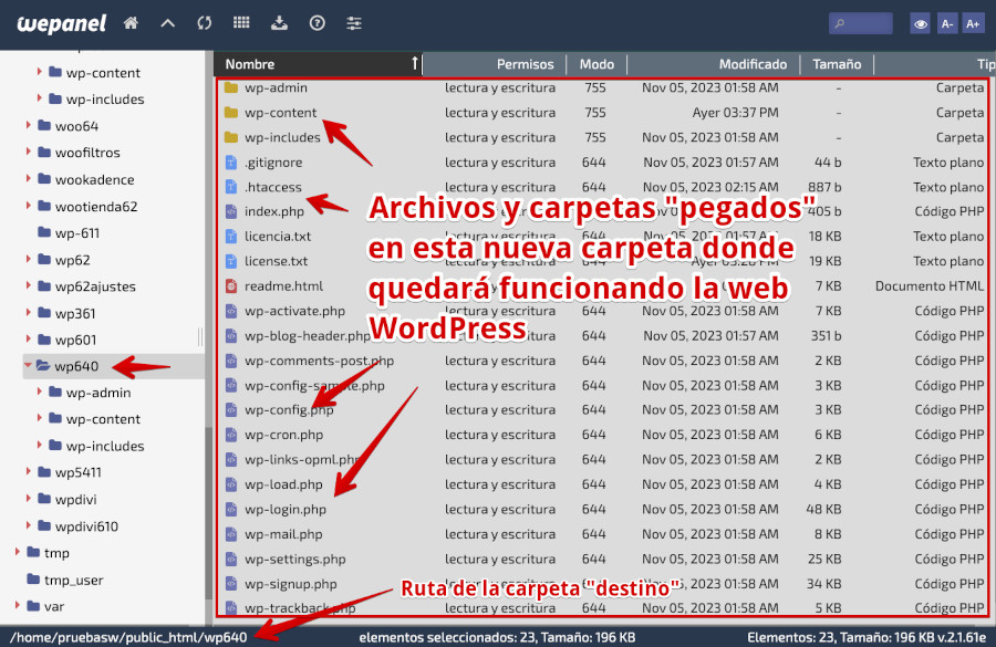 WePanel - Archivos - Administrador de Archivos - Carpeta WordPress destino con archivos y carpetas pegados