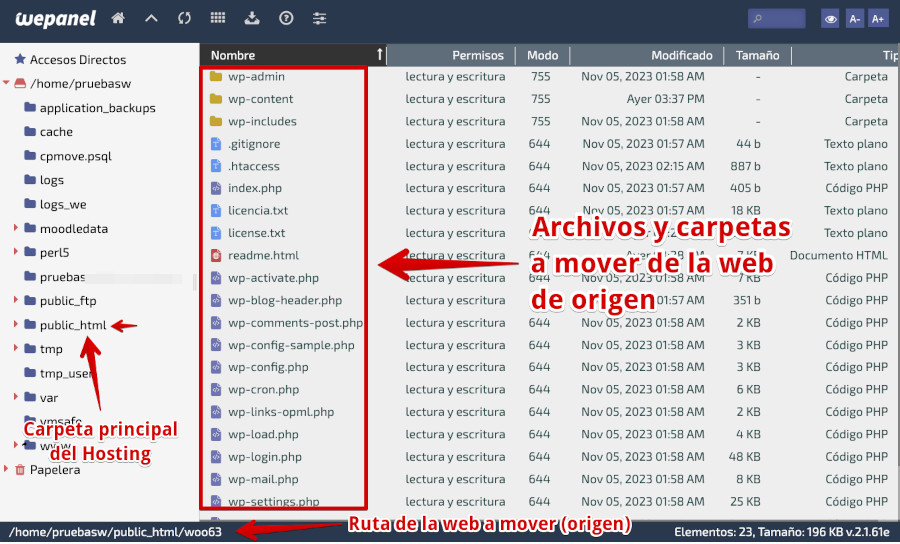 WePanel - Archivos - Administrador de Archivos - Carpeta WordPress origen