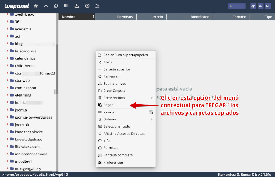WePanel - Archivos - Administrador de Archivos - Carpeta WordPress origen - Pegar