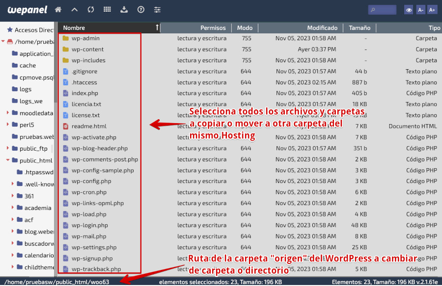 WePanel - Archivos - Administrador de Archivos - Carpeta WordPress origen - Seleccionar todo