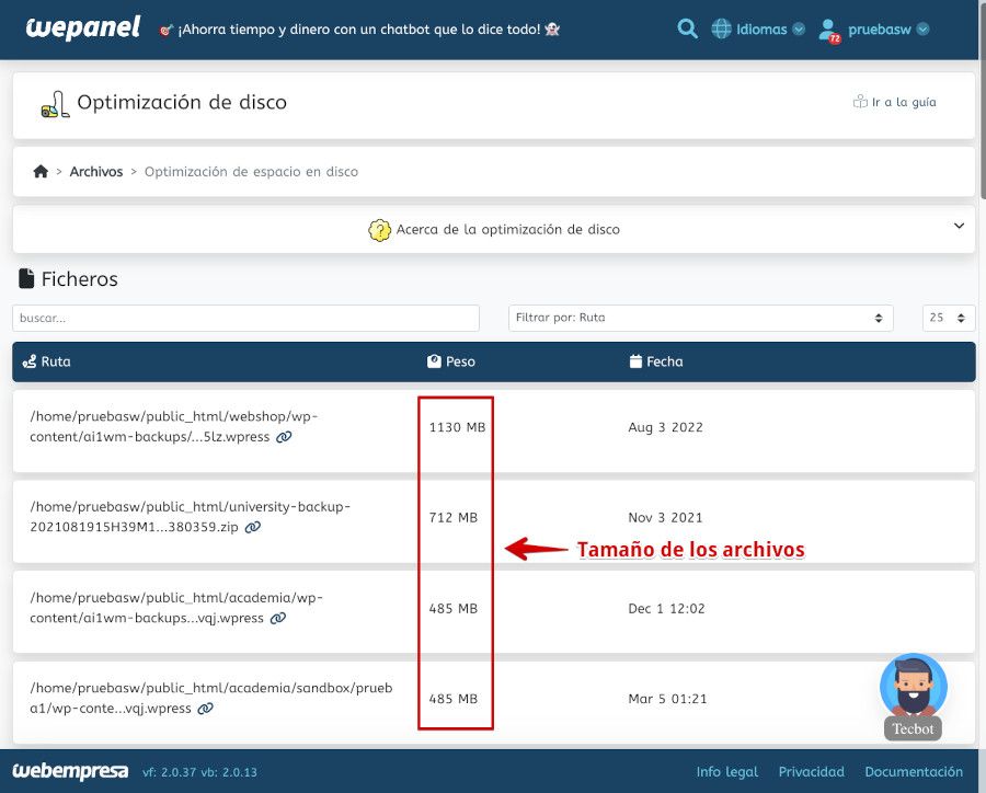 WePanel - Archivos - Optimización de disco