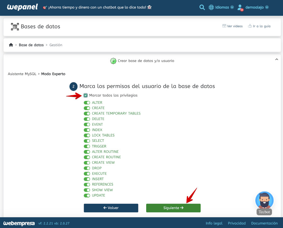 WePanel - Bases de Datos - Asistente MySQL - Permisos