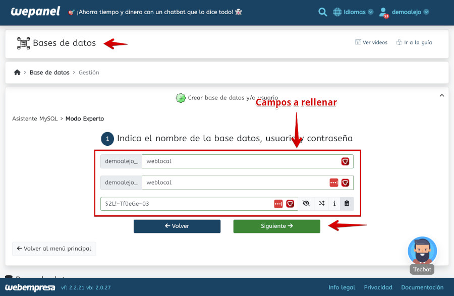 WePanel - Bases de Datos - Asistente MySQL - Campos a rellenar