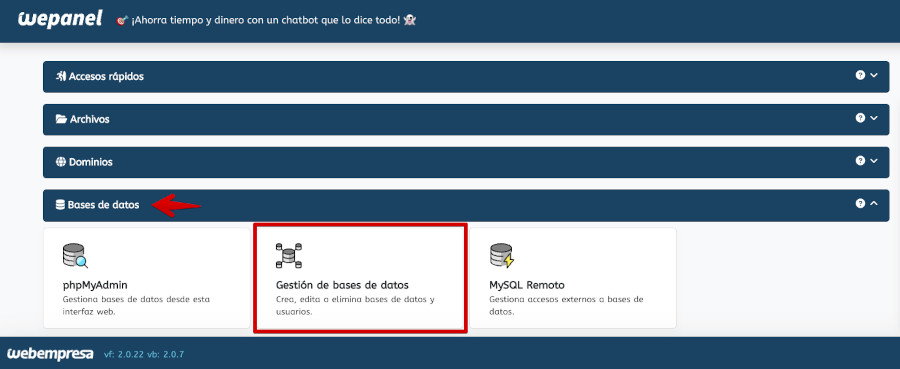 Gestión de bases de datos desde el Panel de Hosting (WePanel)