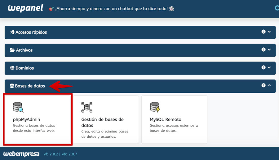 Herramientas phpMyAdmin en WePanel